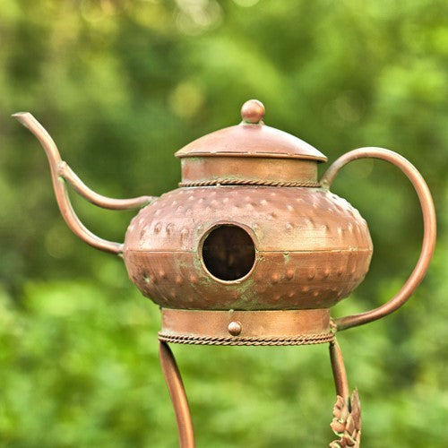 Antique Copper Teapot Birdhouse Garden Stake Genie Lamp