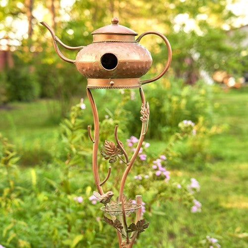 Antique Copper Teapot Birdhouse Garden Stake Genie Lamp