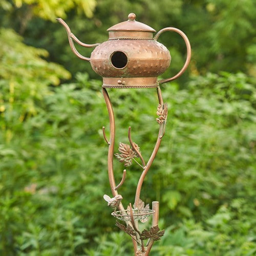 Antique Copper Teapot Birdhouse Garden Stake Genie Lamp