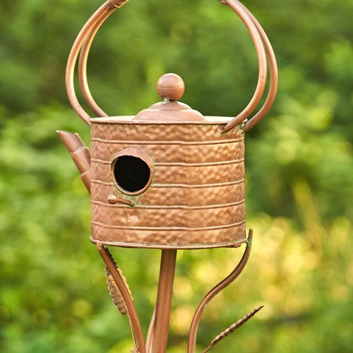 Antique Copper Teapot Birdhouse Garden Stake Ribbed Octagonal Teapot