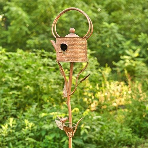 Antique Copper Teapot Birdhouse Garden Stake Ribbed Octagonal Teapot