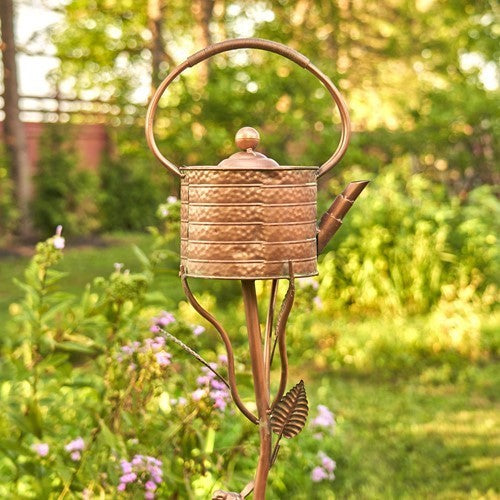Antique Copper Teapot Birdhouse Garden Stake Ribbed Octagonal Teapot