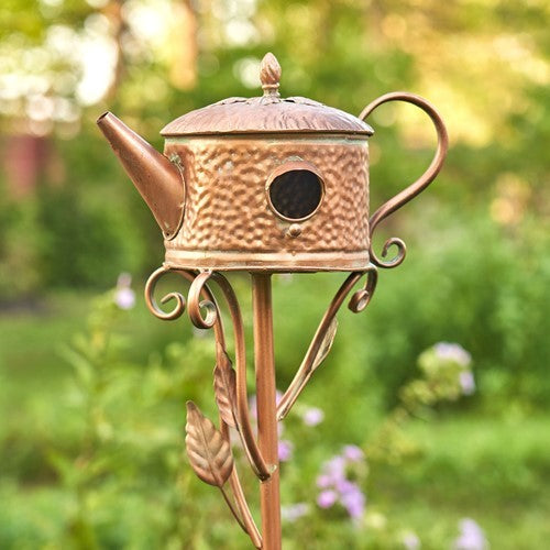 Antique Copper Teapot Birdhouse Garden Stake Round Classic Teapot