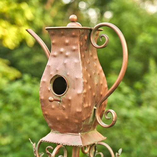 Antique Copper Teapot Birdhouse Garden Stake Tall Hourglass Teapot