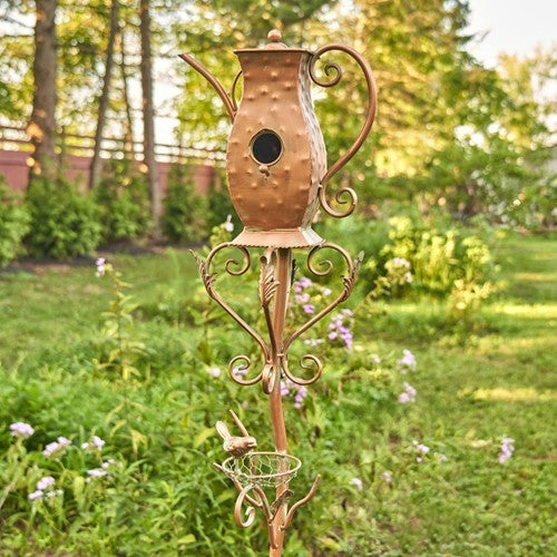 Antique Copper Teapot Birdhouse Garden Stake Tall Hourglass Teapot