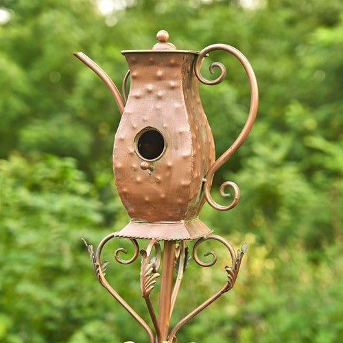 Antique Copper Teapot Birdhouse Garden Stake Tall Hourglass Teapot